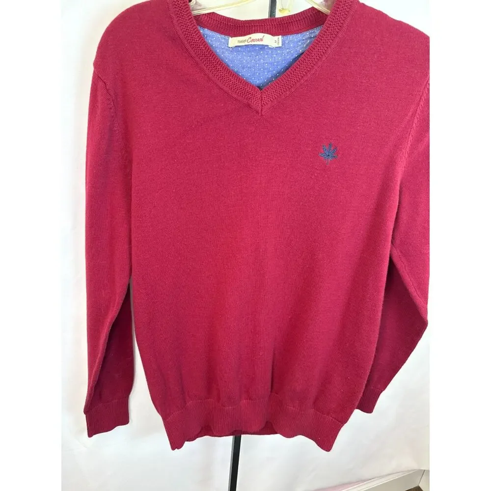 Tonlion Red V Neck 100% Cotton Knit Sweater Soft Classic Preppy M